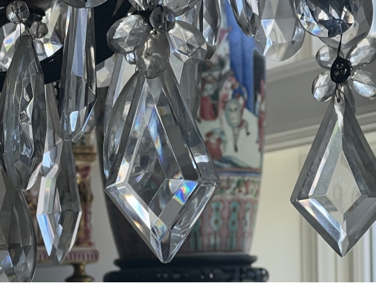 Elaborate Wrought Iron And Handcut Crystal 6 Lite Chandelier