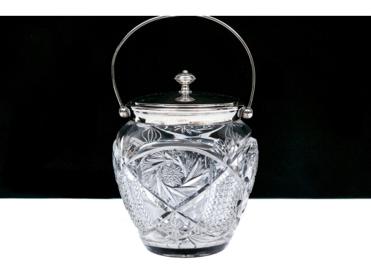 Fine 19th C. Silver Plate Mounted Cut Glass Biscuit Jar With Lid