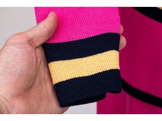 St. John Pink And Navy Blue Cardigan And Skirt Suit, Size 12