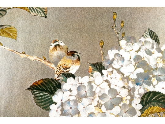 Japanese Foil Print Of Birds And Blossoms