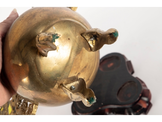 Chinese Brass Censer With Dragon Handles And Mythical Beast Finial