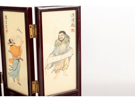 Chinese Hand-Painted Framed Silk Paintings Folding Table Screen