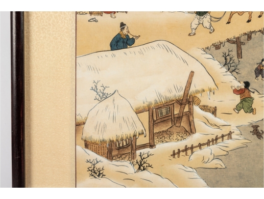 Framed Korean Painting On Silk Depicting Winter Village Scene