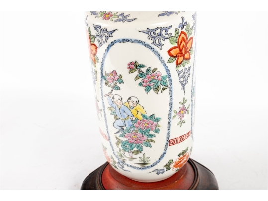 Chinese Famille Rose Porcelain Lamp On Wooden Base