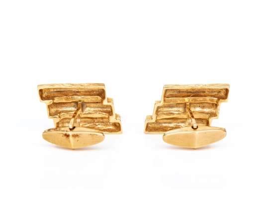 14k Yellow Gold Vintage Brutalist Motif Lozenge Shaped Lever Back Cufflinks