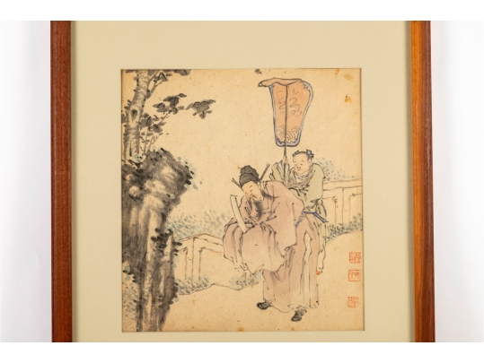 Signed Chinese Watercolor Painting Of Nobles/Scholars