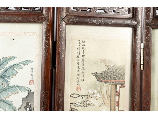 Vintage Chinese Folding Table Screen With Hand-Painted Scenes