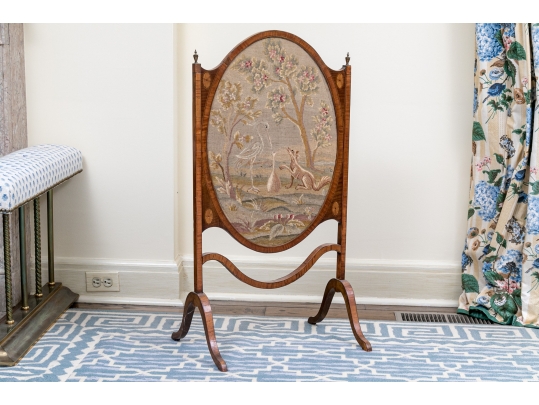 Antique Needlepoint Upholstered Fire Screen With Satinwood Stand