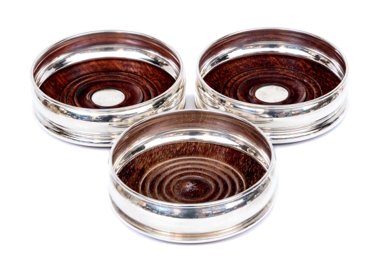 Set Of Three English Silverplate Wine Bottle Coasters