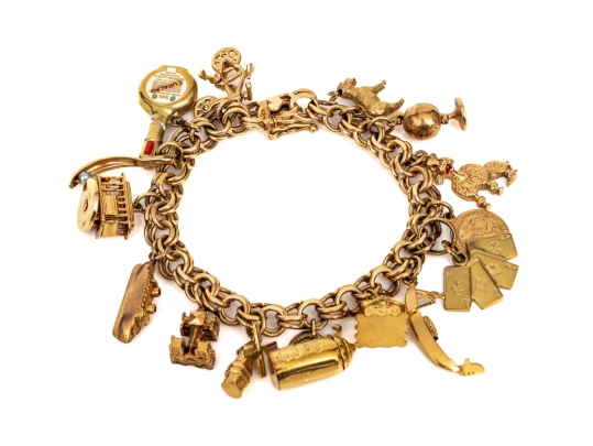 14k Yellow Gold Fabulous Vintage Travel Motif Charm Bracelet, With 14k, 10k And 9k Assorted Charms