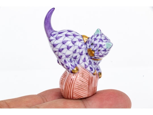 Herend Hand Painted Purple Fishnet Miniature Cat On A Ball Figure 