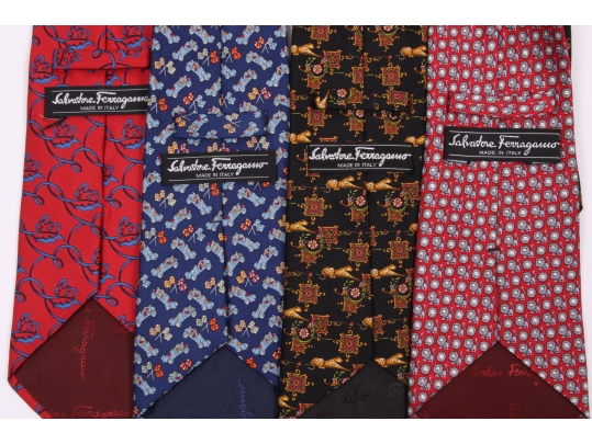 Four Beautiful Salvatore Ferragmo Mens Silk Neck Ties, Made In Italy 