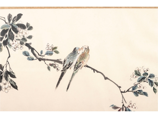 Large Chinese Ink And Watercolor Painting Of Birds On A Branch
