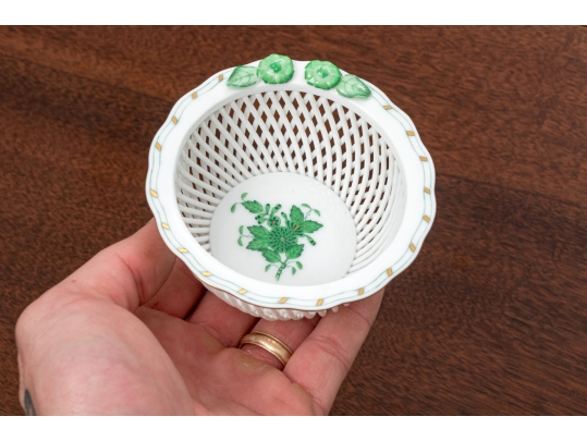 Herend Hungary Hand-Painted Porcelain Reticulated Basket, Green Chinese Bouquet Pattern