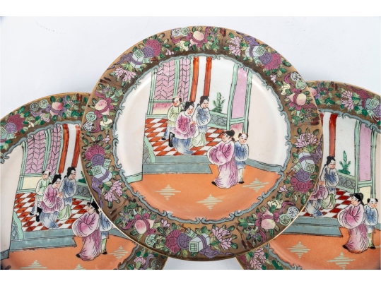 Set Of Three 19th C. Chinese Famille Rose Plates With Court Scenes
