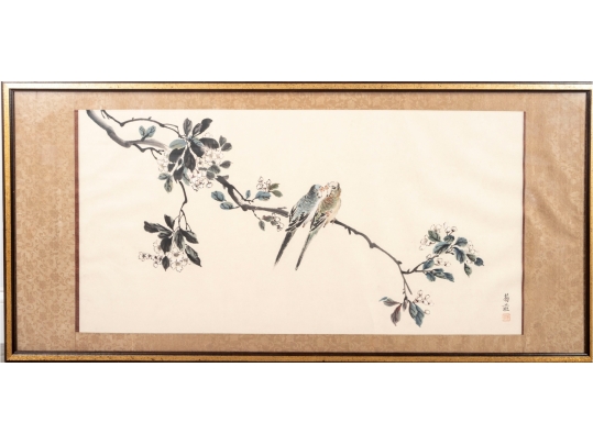Large Chinese Ink And Watercolor Painting Of Birds On A Branch