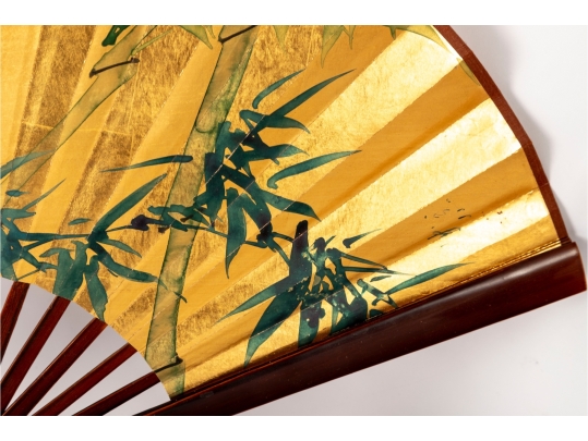 Pair Of Japanese Gilt Folding Fans On Stands