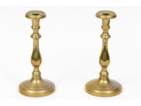 Pair Of Antique Brass Candlesticks, 18th C. 