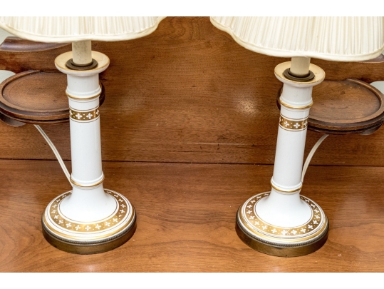 Pair Of Gilt Decorated Ceramic Candle Form Table Lamps
