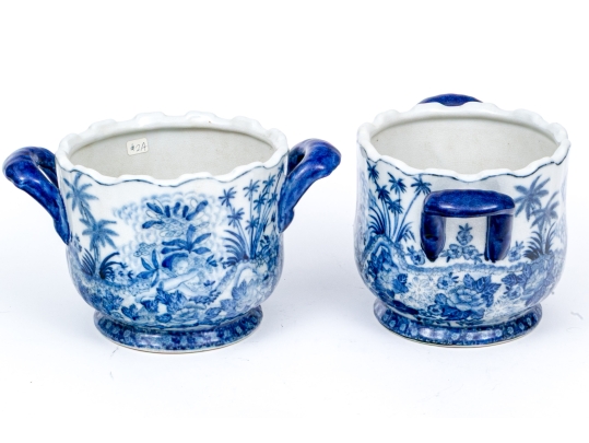 Pair Of Decorative Chinese Export Style Blue And White Twin Handled Wine Coolers