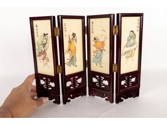 Chinese Hand-Painted Framed Silk Paintings Folding Table Screen