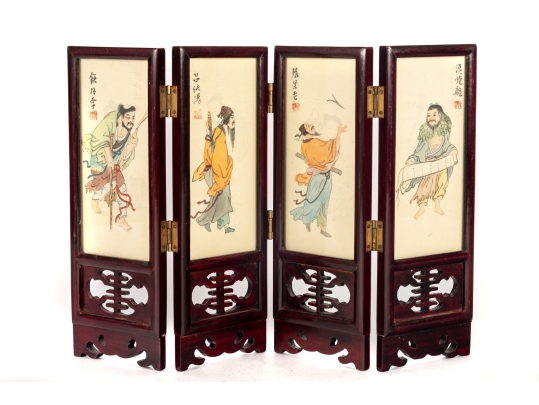 Chinese Hand-Painted Framed Silk Paintings Folding Table Screen