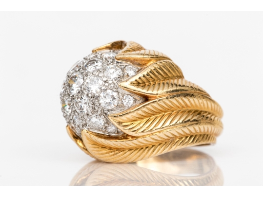 Van Cleef & Arpels 18k Yellow Gold Stunning Vintage Pave Diamond Foliate Ring, Size 3.75