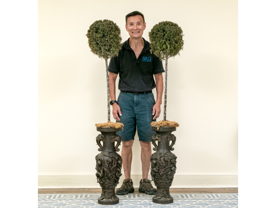 Pair Of Bronze Twin Handled Vases With Topiaries
