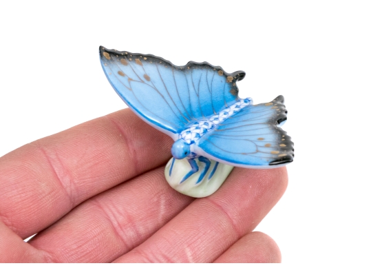 Herend Hungary Hand-Painted Porcelain Blue Butterfly Figure, Blue FIshnet Pattern