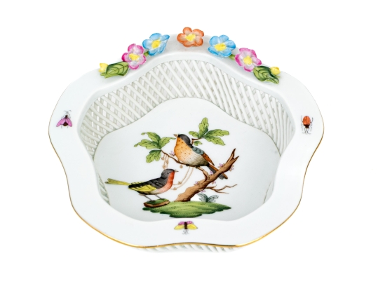 Herend Hungary Hand-Painted Porcelain Open Basket, Rothschild Bird (RO) Pattern