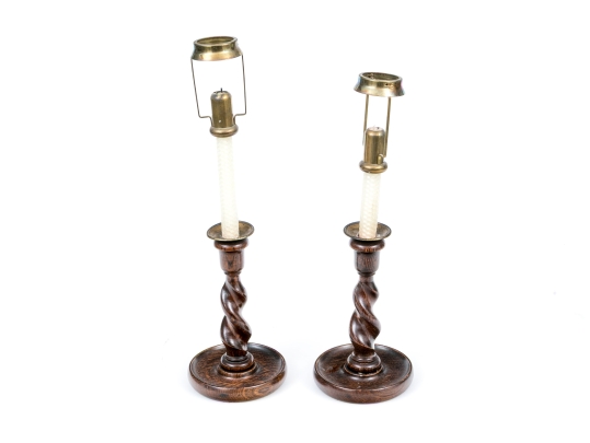Pair Of Oak And Brass Barley Twist Candlesticks