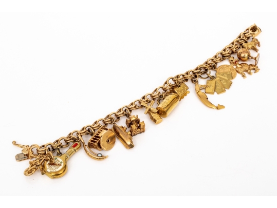 14k Yellow Gold Fabulous Vintage Travel Motif Charm Bracelet, With 14k, 10k And 9k Assorted Charms