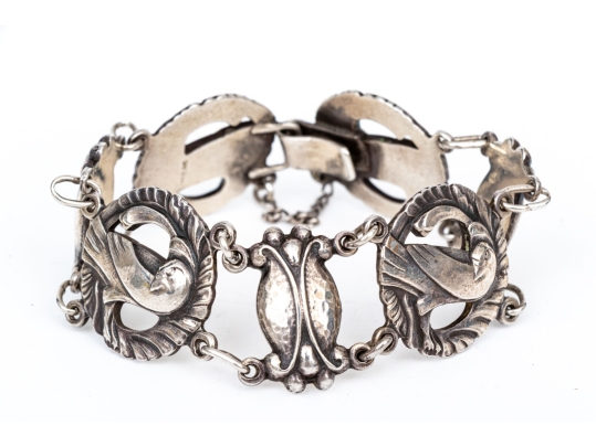 Sterling Silver Vintage Alternating Dove And Bud Motif Link Bracelet