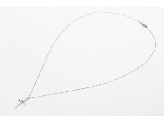 14k White Gold Fine Curb Chain With Sterling Silver Contemporary Cross