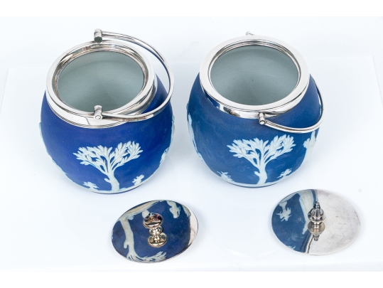 Compatible Pair Of Jasperware Biscuit Jars, Including One Wedgewood