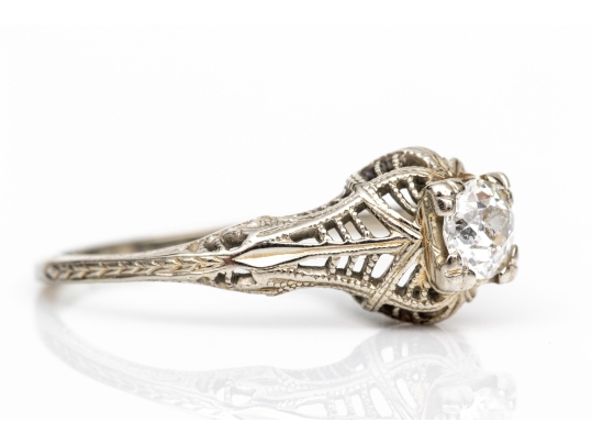 18k White Gold Vintage Filigree And Diamond Ring, App. 0.28 CTS, Size 6.5