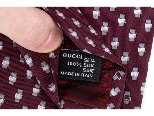 Gucci Burgundy And Grey Toned Patterned Silk Tie