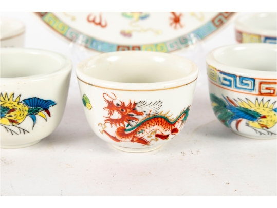 Chinese Porcelain Dragon And Phoenix Plate With Eight Tea Cups