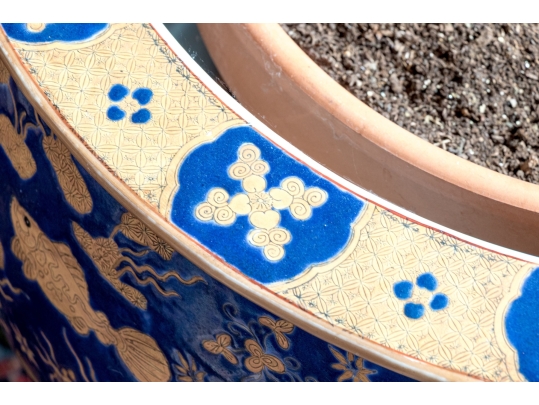 Chinese Fish Bowl Jardiniere With Dracaena Plant