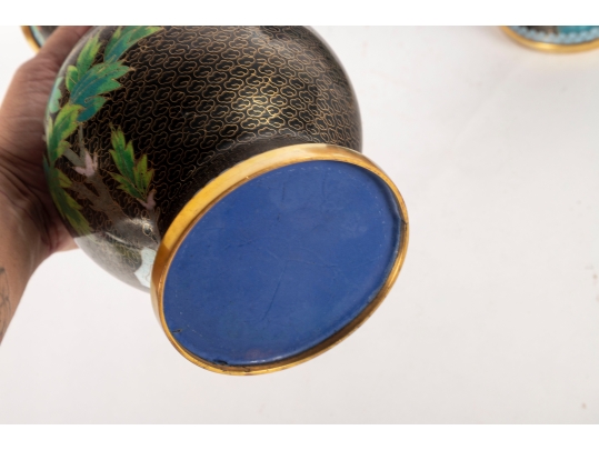 Pair Of Vintage Black Cloisonné Vases With Peony Motif