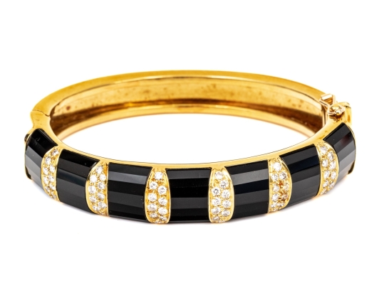 La Triomphe 18k Yellow Gold Stunning Vintage Black Onyx And Pave Diamond Bangle Bracelet