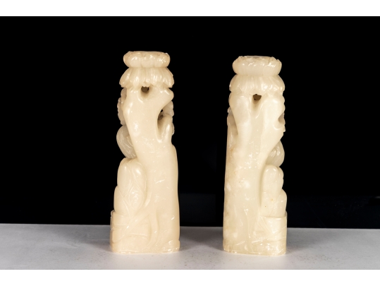 Antique Chinese Carved Nephrite Peacock Candle Holders