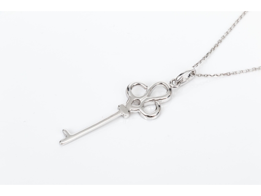 14k White Gold Handsome Diamond Set Swirled End Key Pendant, App. 0.21 TCW, With Chain