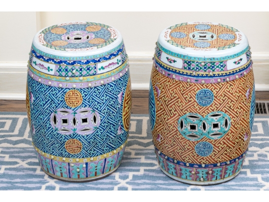 Two Chinese Famille Rose Enameled Porcelain Garden Stools