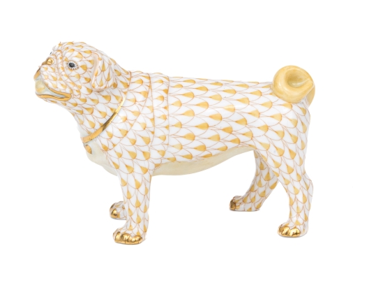 Herend Hungary Hand-Painted Porcelain Pug Figure, Butterscotch Fishnet Pattern