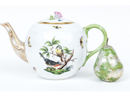 Herend Hungary Hand-Painted Porcelain Teapot, Rothschild Bird (RO) Pattern
