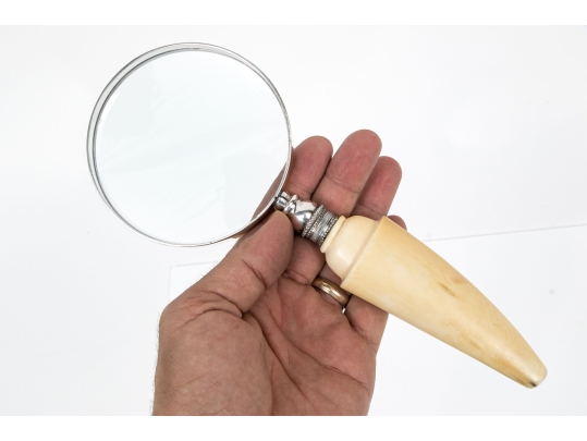 Fine Antique Magnifying Glass With Silverplate Mount On Bone