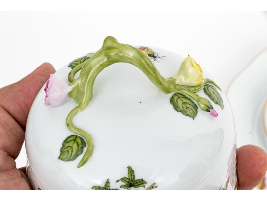 Herend Hungary Hand-Painted Porcelain Covered Butter Dish, Rothschild Bird (RO) Pattern