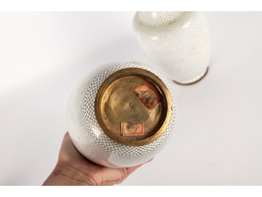 Pair Of Vintage White Cloisonné Floral Vases