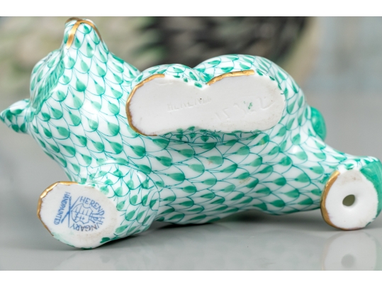 Herend Hungary Hand-Painted Porcelain Bear Cub, Green Fishnet Pattern